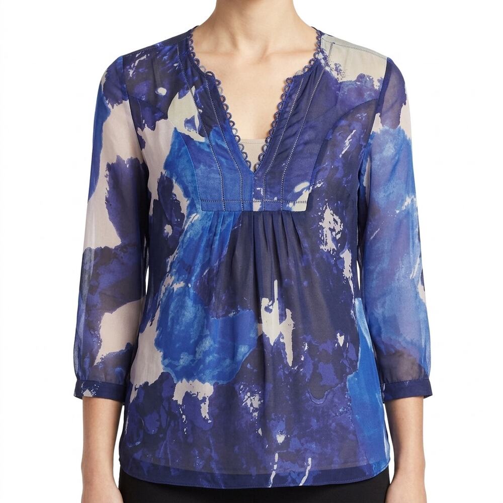 Diane von Furstenberg Blue Purple Watercolor Sheer Long Sleeve Silk Blouse sz 0